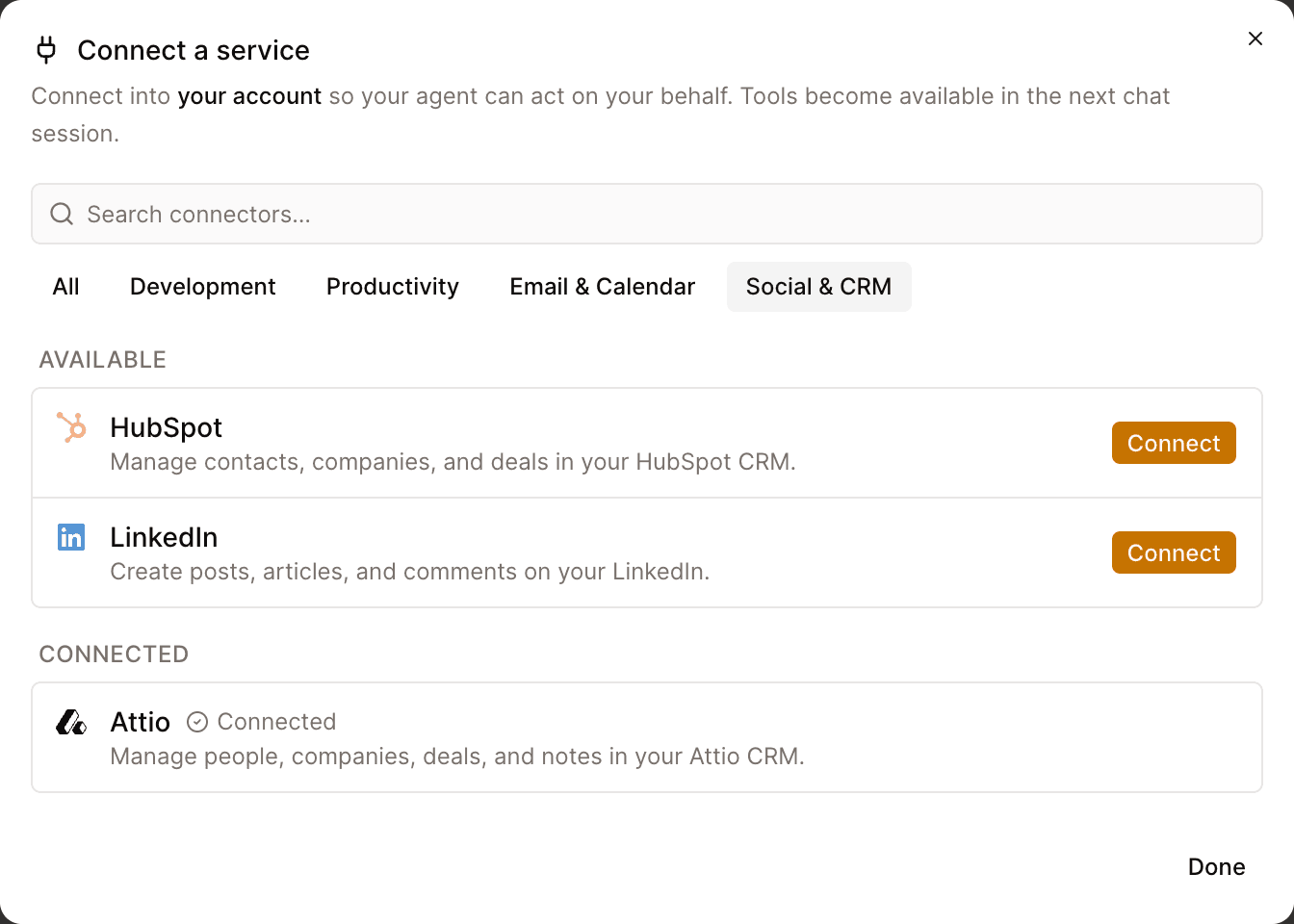 Attio in the connector list under Social & CRM