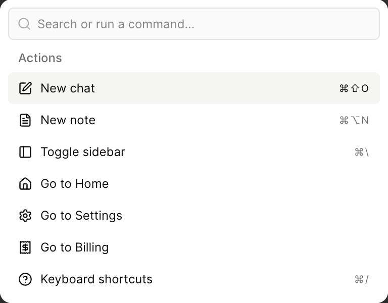 The ⌘K command palette with its actions list