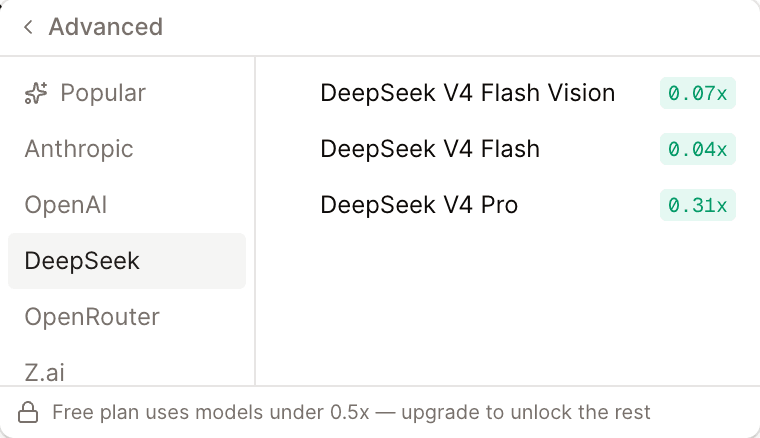 The model menu with DeepSeek V4 Flash Vision at the top of the DeepSeek list