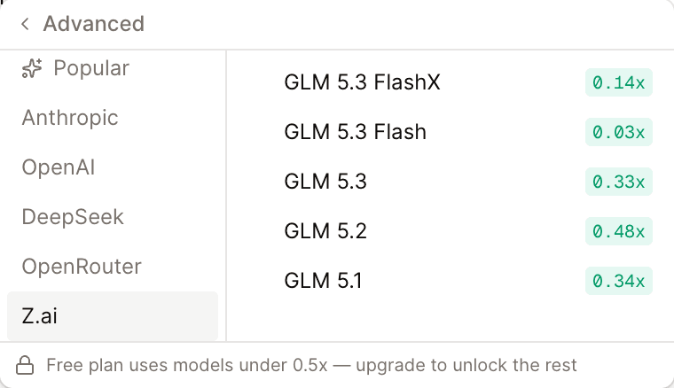 The model menu showing GLM 5.3 FlashX at 0.14x above GLM 5.3 Flash at 0.03x under Z.ai