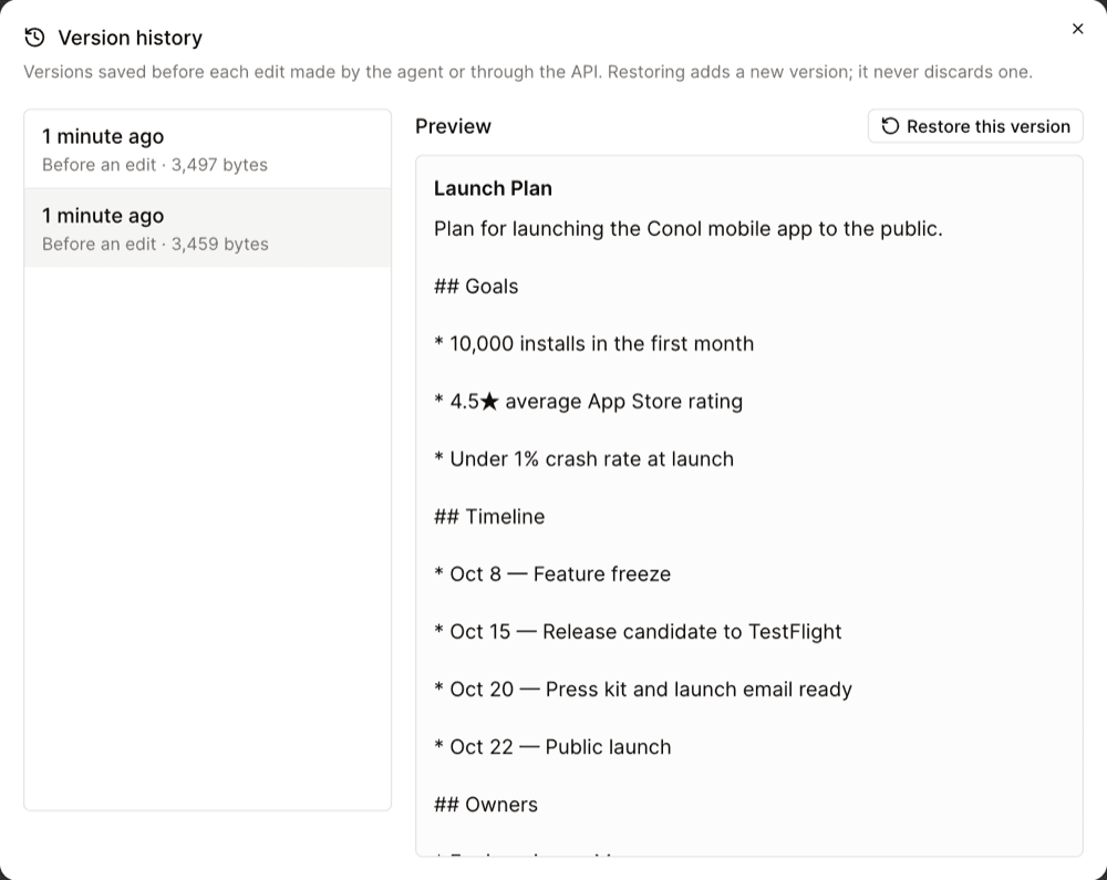 The Version history dialog for a Launch Plan note, with an earlier version selected and a Restore this version button above its preview