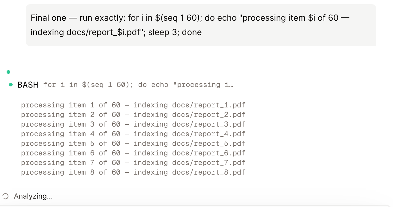 A running Bash command streaming its output live into the chat
