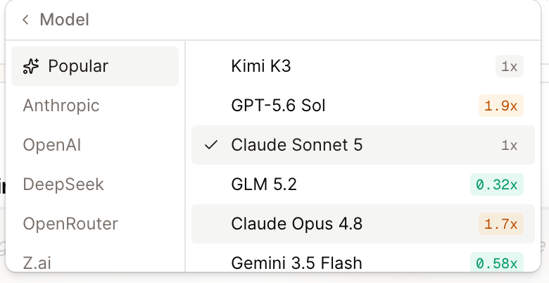 The model picker with Kimi K3 at the top of the list