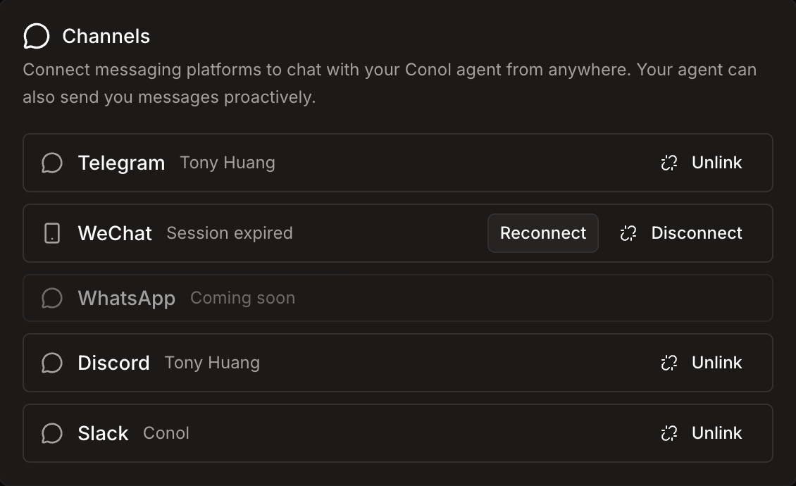 The Channels settings with Slack ready to install alongside Telegram, WhatsApp, WeChat, and Discord