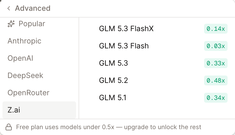 The model menu showing GLM 5.3 FlashX at 0.14x above GLM 5.3 Flash at 0.03x under Z.ai