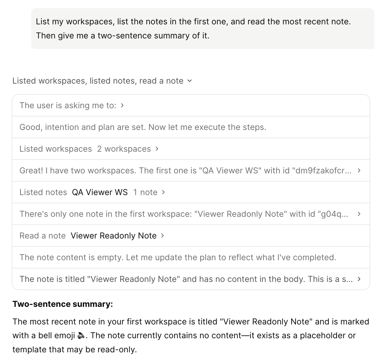 A chat where three tool calls fold into one line, “Listed workspaces, listed notes, read a note”, opened to show each step